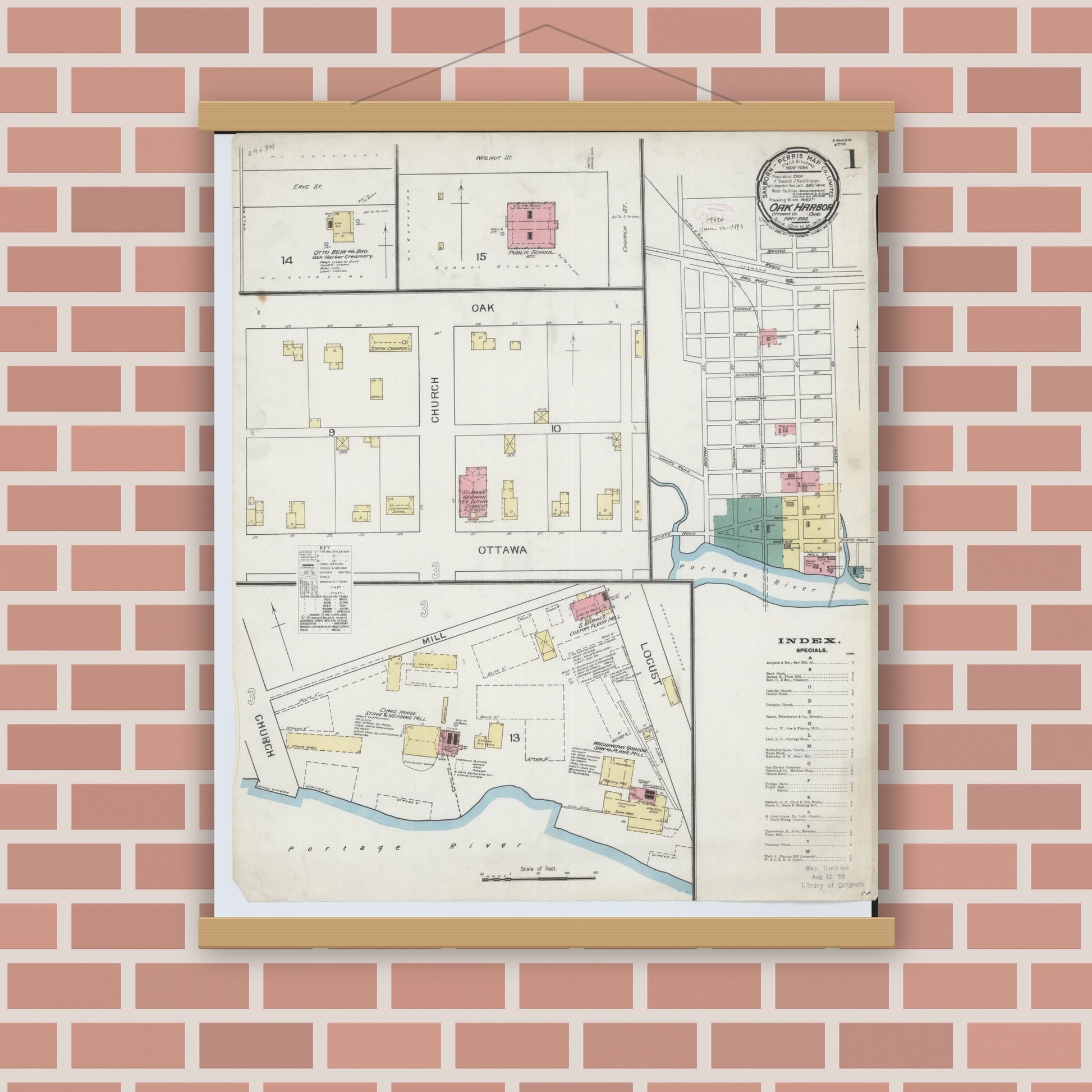 Old map wall art mockup — magnetic wood frame on brick wall — Sanborn Fire Insurance Map from Oak Harbor, Ottawa County, Ohio (1893) - Complete Map Set