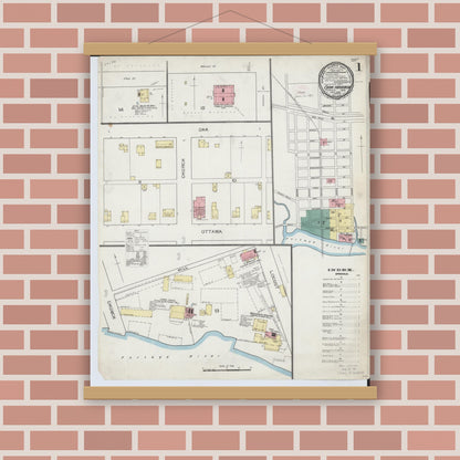 Old map wall art mockup — magnetic wood frame on brick wall — Sanborn Fire Insurance Map from Oak Harbor, Ottawa County, Ohio (1893) - Complete Map Set