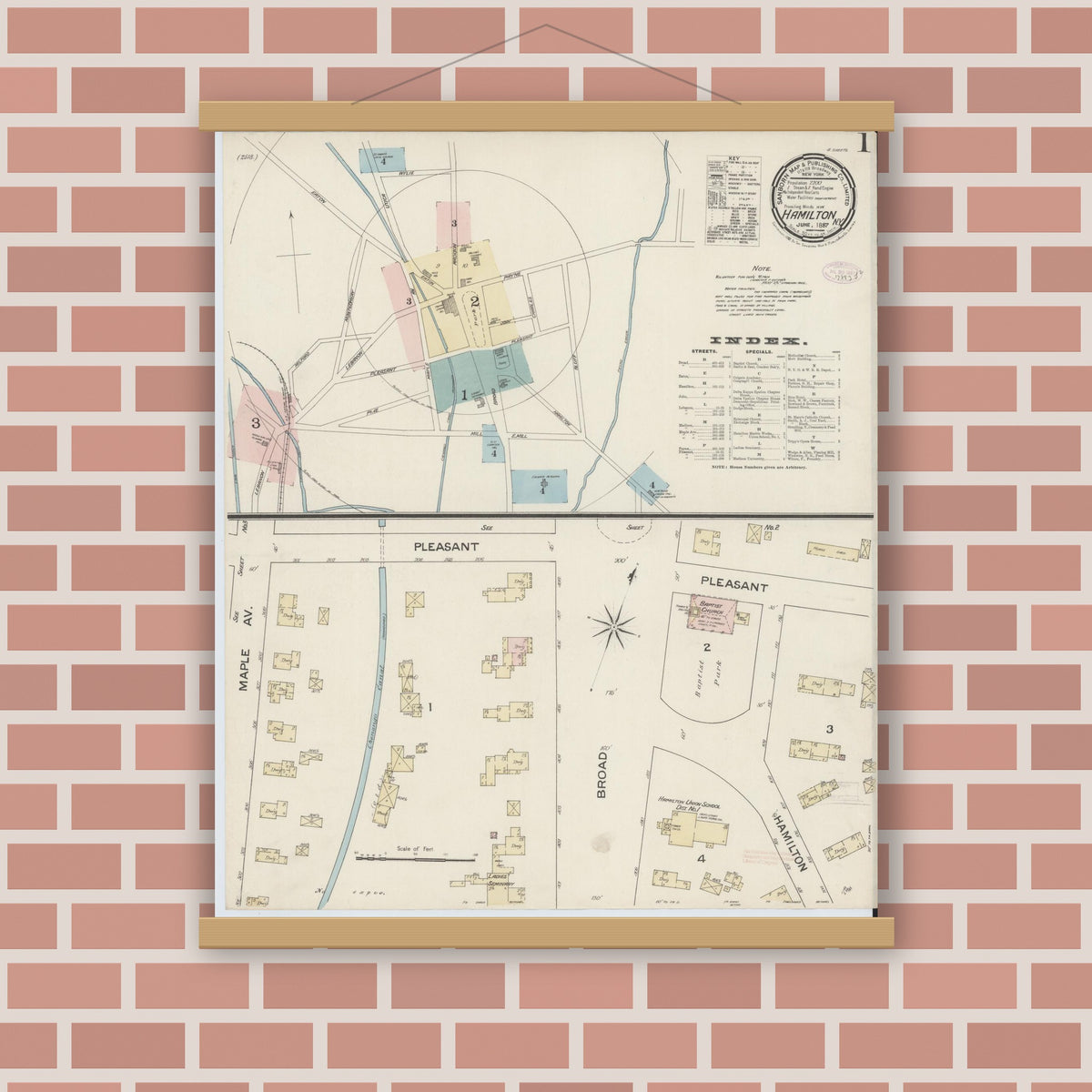 Old map wall art mockup — magnetic wood frame on brick wall — Sanborn Fire Insurance Map from Hamilton, Madison County, New York (1887), Sheet #0001