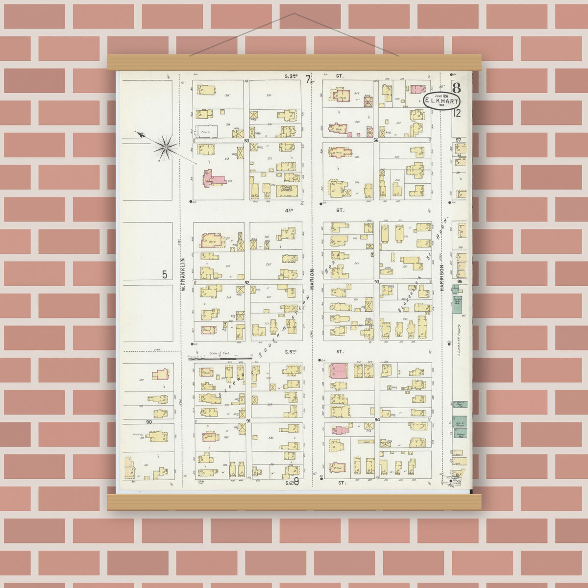 Old map wall art mockup — magnetic wood frame on brick wall — Sanborn Fire Insurance Map from Elkhart, Elkhart County, Indiana (1896), Sheet #0008