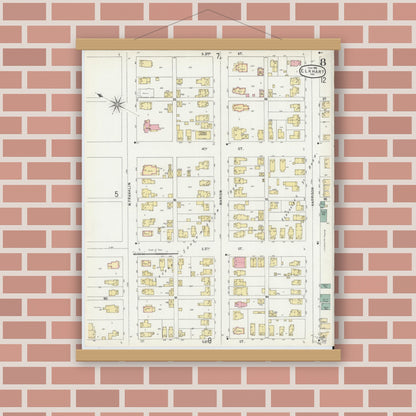 Old map wall art mockup — magnetic wood frame on brick wall — Sanborn Fire Insurance Map from Elkhart, Elkhart County, Indiana (1896), Sheet #0008