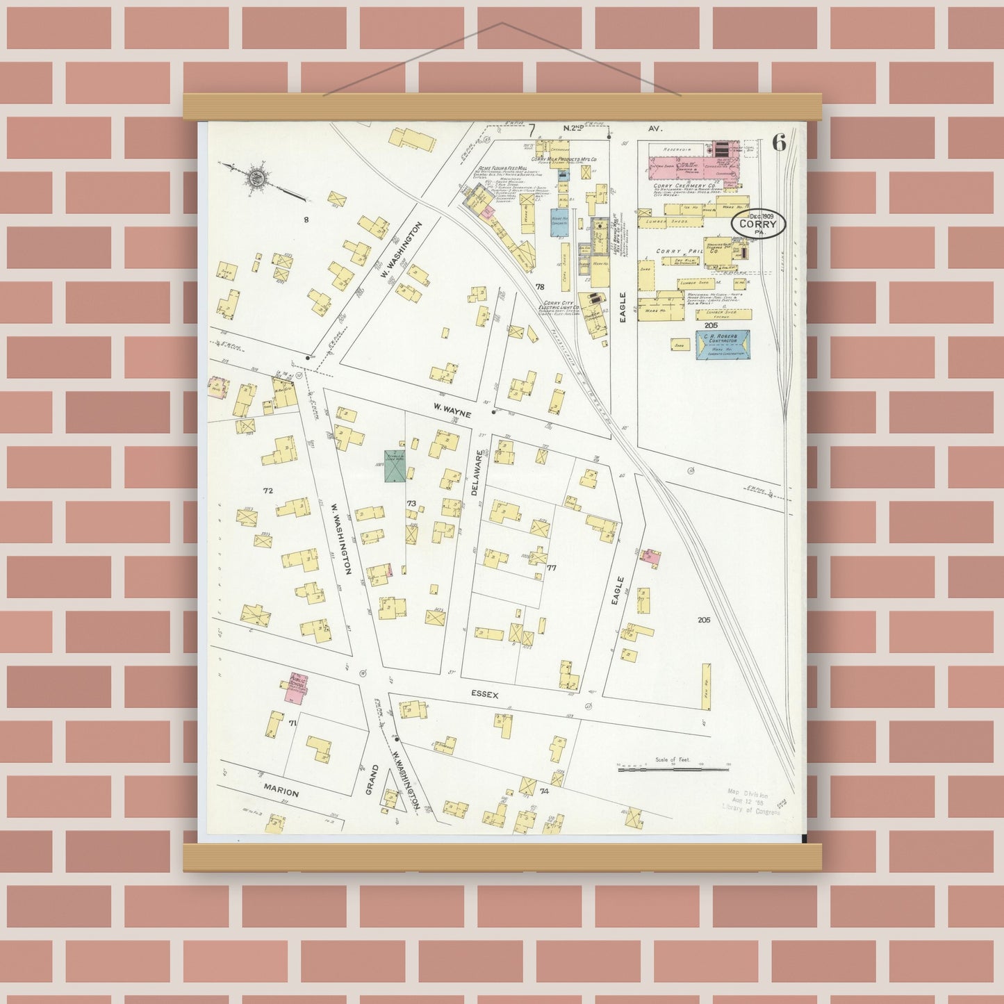 Old map wall art mockup — magnetic wood frame on brick wall — Sanborn Fire Insurance Map from Corry, Erie County, Pennsylvania (1909), Sheet #0006