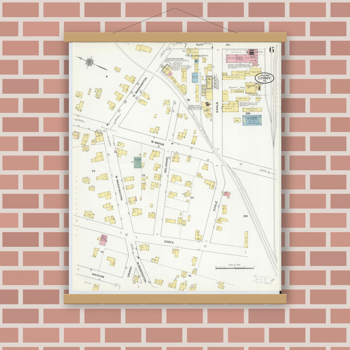 Old map wall art mockup — magnetic wood frame on brick wall — Sanborn Fire Insurance Map from Corry, Erie County, Pennsylvania (1909), Sheet #0006
