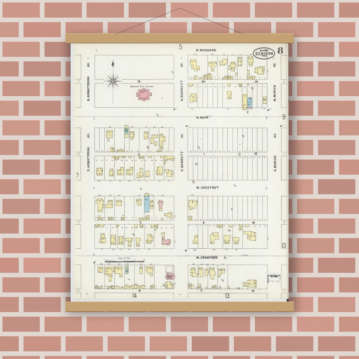 Old map wall art mockup — magnetic wood frame on brick wall — Sanborn Fire Insurance Map from Denison, Grayson County, Texas (1897), Sheet #0008