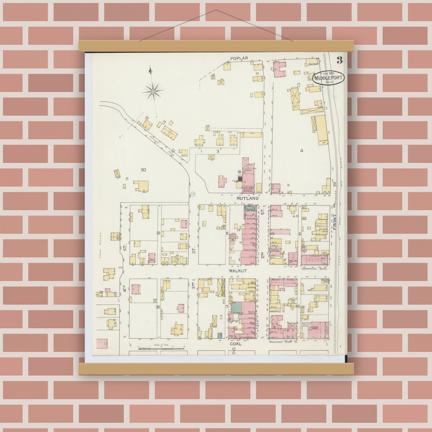 Old map wall art mockup — magnetic wood frame on brick wall — Sanborn Fire Insurance Map from Middleport, Meigs County, Ohio (1893), Sheet #0003