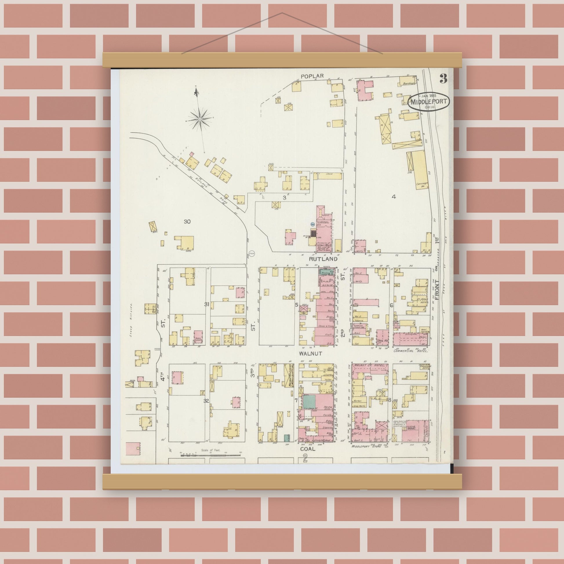 Old map wall art mockup — magnetic wood frame on brick wall — Sanborn Fire Insurance Map from Middleport, Meigs County, Ohio (1893), Sheet #0003