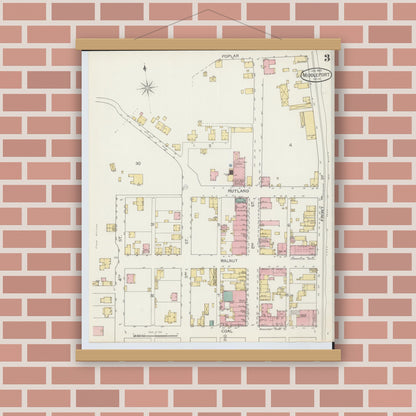 Old map wall art mockup — magnetic wood frame on brick wall — Sanborn Fire Insurance Map from Middleport, Meigs County, Ohio (1893), Sheet #0003