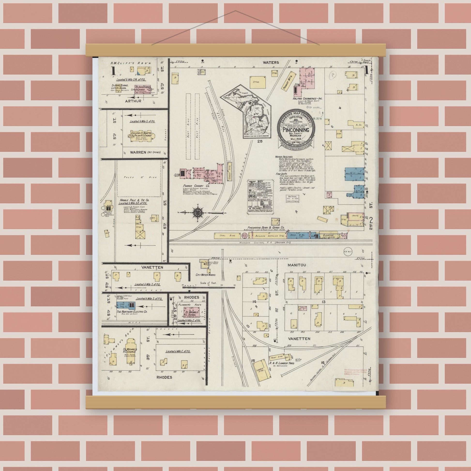 Old map wall art mockup — magnetic wood frame on brick wall — Sanborn Fire Insurance Map from Pinconning, Bay County, Michigan (1924) - Complete Map Set