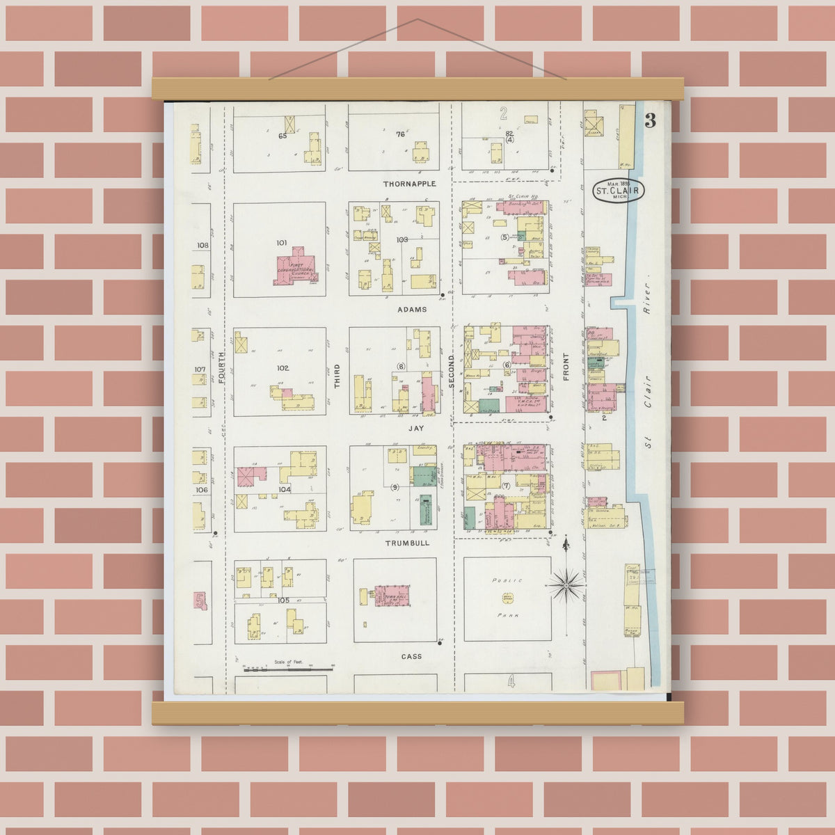 Old map wall art mockup — magnetic wood frame on brick wall — Sanborn Fire Insurance Map from Saint Clair, Saint Clair County, Michigan (1895), Sheet #0003
