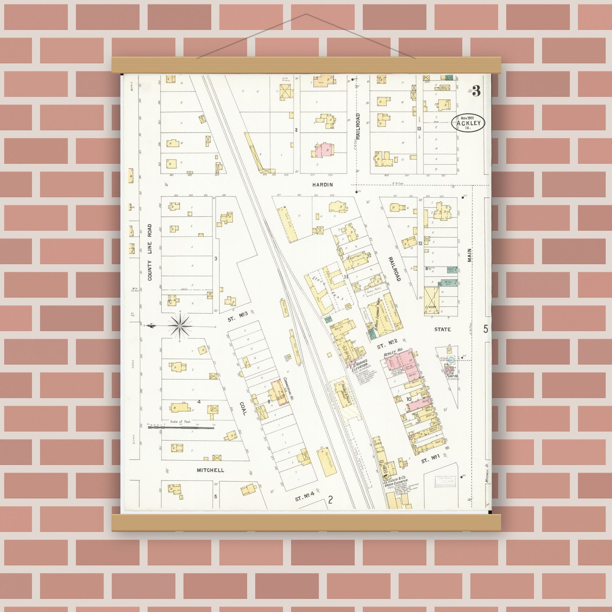 Old map wall art mockup — magnetic wood frame on brick wall — Sanborn Fire Insurance Map from Ackley, Hardin and Franklin Counties, Iowa (1900), Sheet #0003