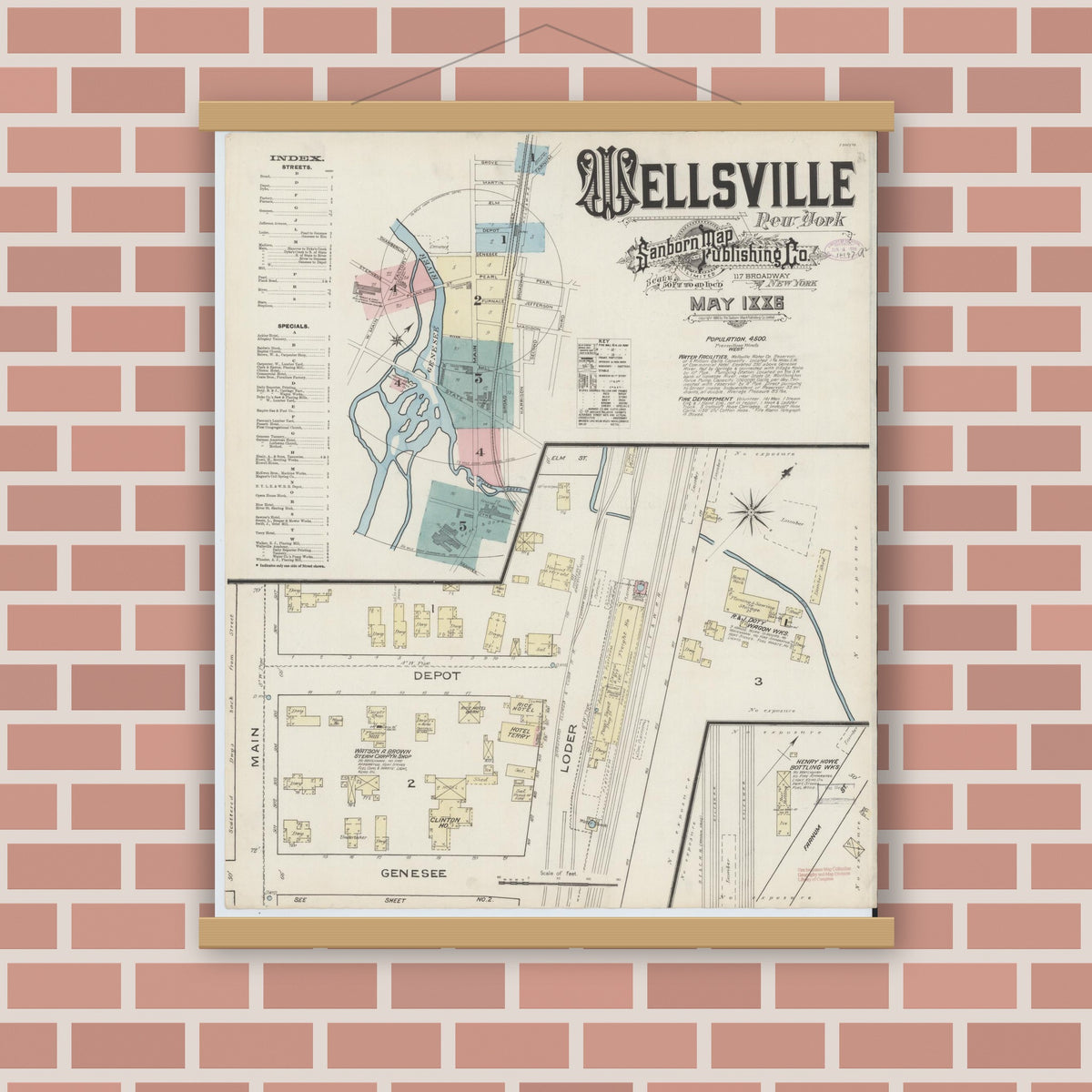 Old map wall art mockup — magnetic wood frame on brick wall — Sanborn Fire Insurance Map from Wellsville, Allegany County, New York (1886) - Complete Map Set