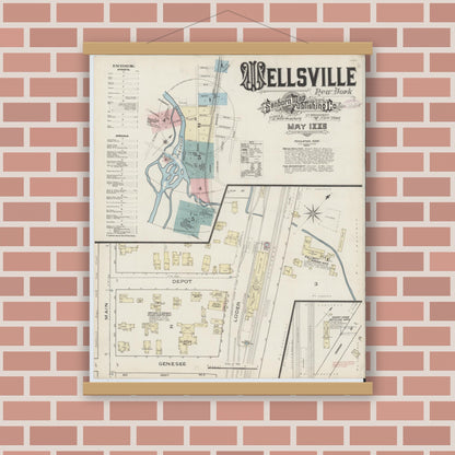Old map wall art mockup — magnetic wood frame on brick wall — Sanborn Fire Insurance Map from Wellsville, Allegany County, New York (1886) - Complete Map Set