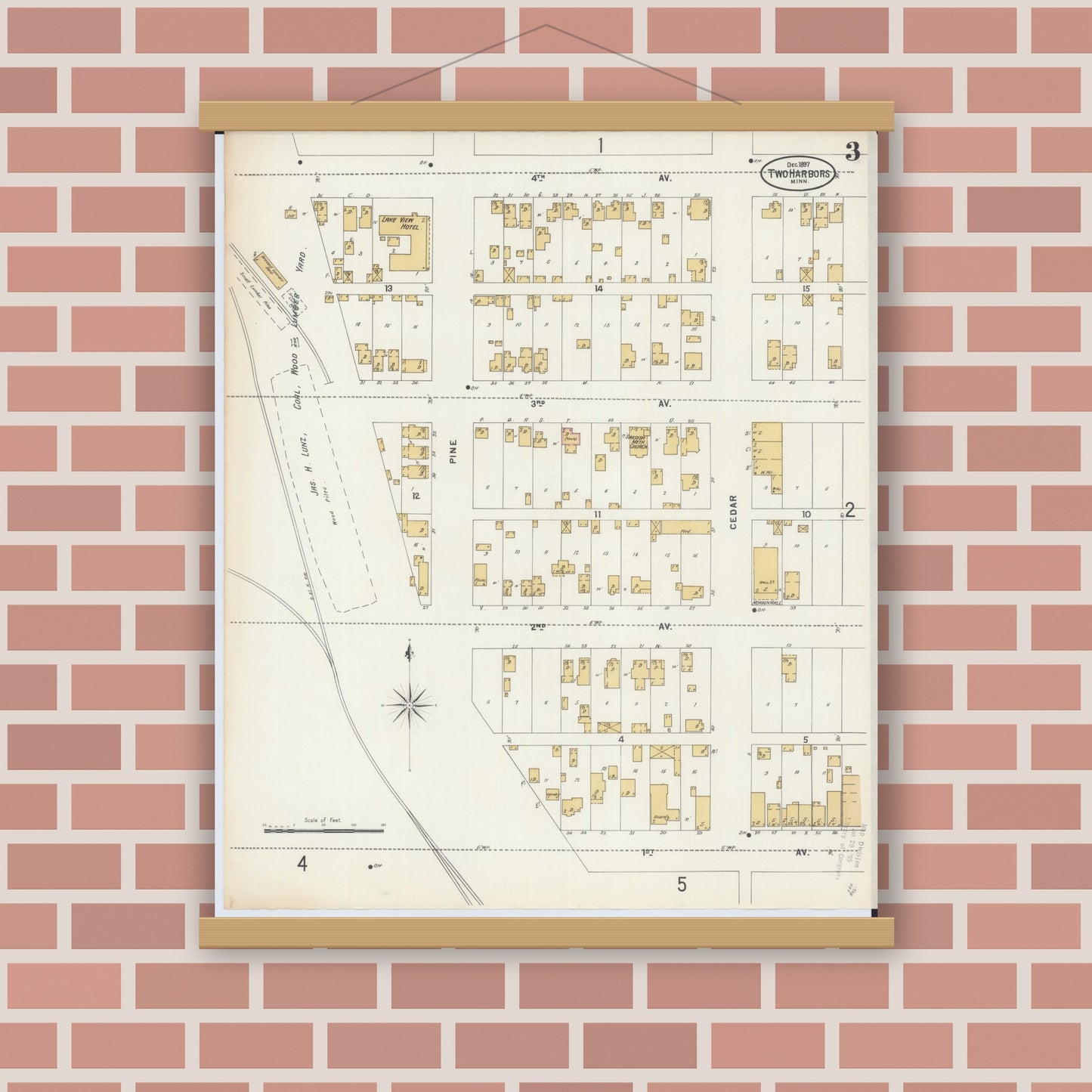 Old map wall art mockup — magnetic wood frame on brick wall — Sanborn Fire Insurance Map from Two Harbors, Lake County, Minnesota (1897), Sheet #0003