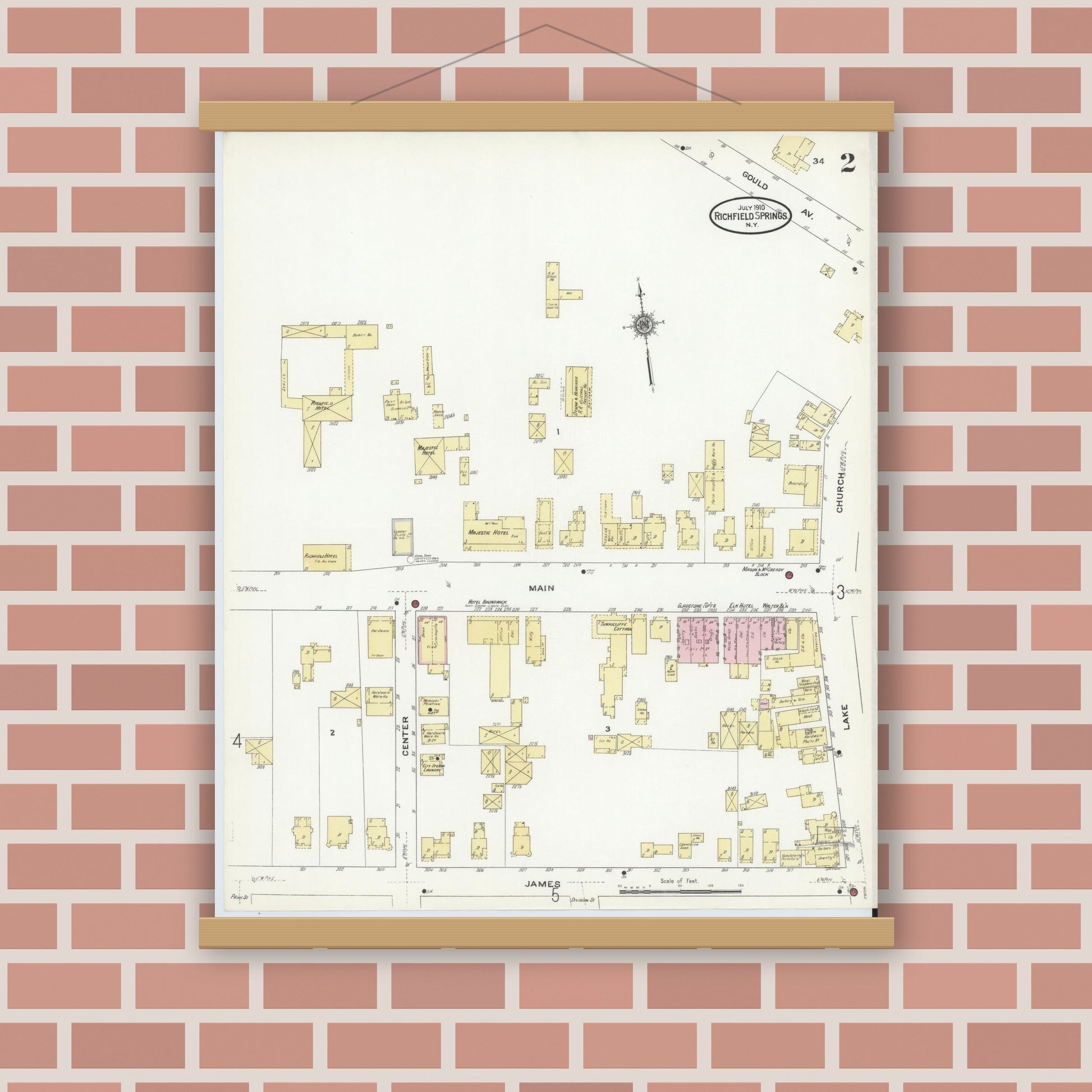 Old map wall art mockup — magnetic wood frame on brick wall — Sanborn Fire Insurance Map from Richfield Springs, Otsego County, New York (1910), Sheet #0002