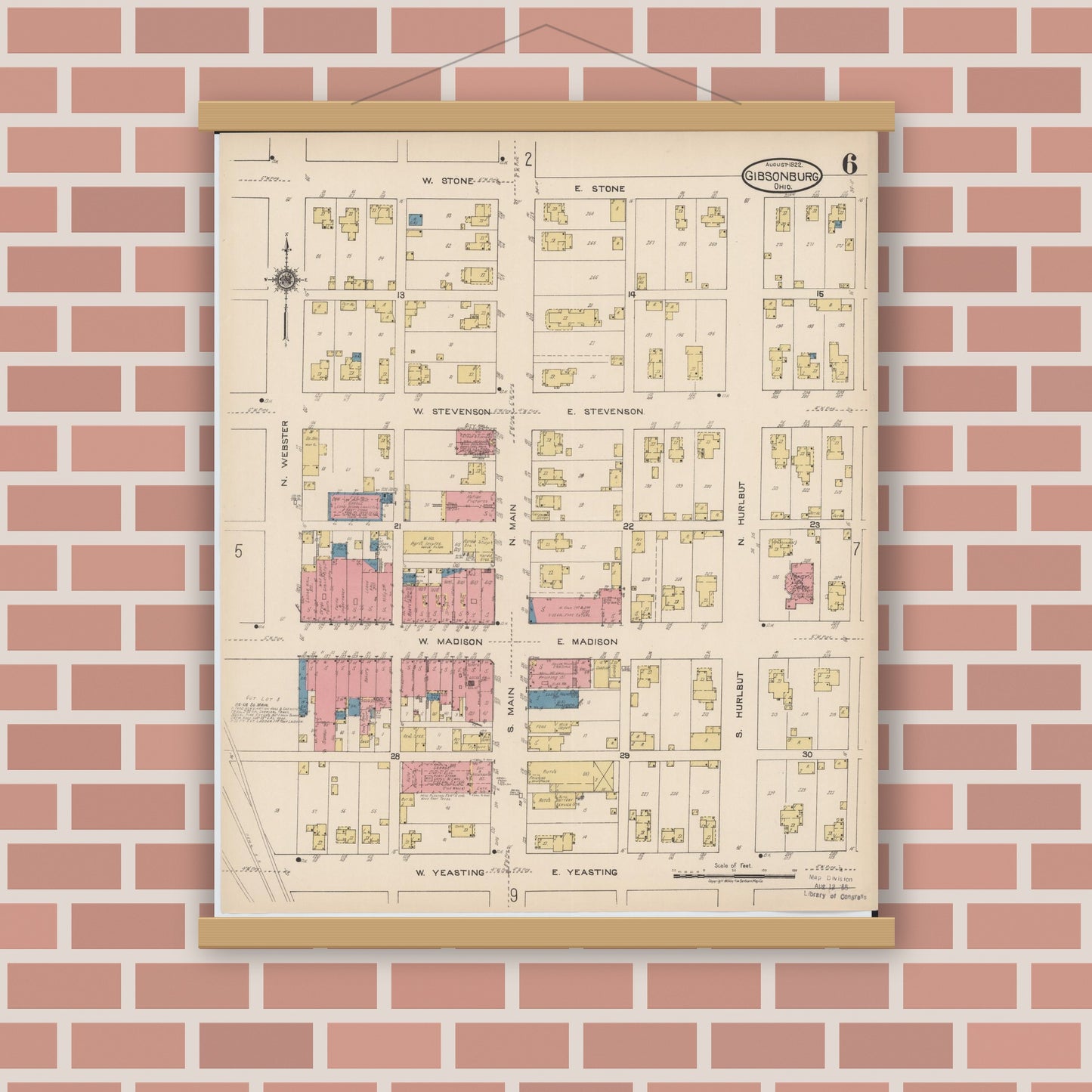 Old map wall art mockup — magnetic wood frame on brick wall — Sanborn Fire Insurance Map from Gibsonburg, Sandusky County, Ohio (1922), Sheet #0006