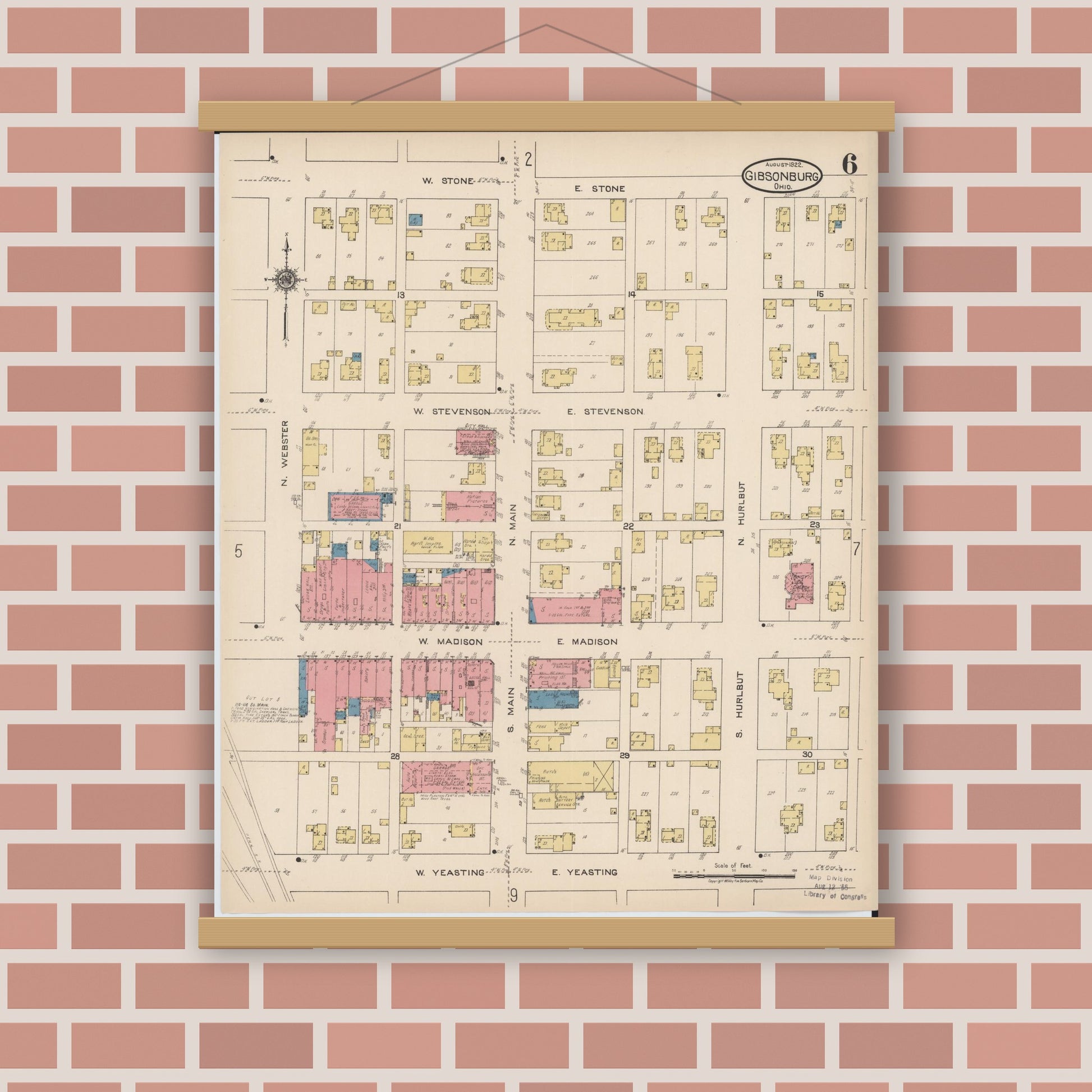 Old map wall art mockup — magnetic wood frame on brick wall — Sanborn Fire Insurance Map from Gibsonburg, Sandusky County, Ohio (1922), Sheet #0006
