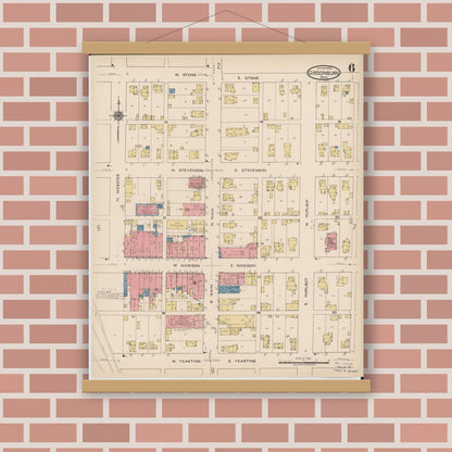 Old map wall art mockup — magnetic wood frame on brick wall — Sanborn Fire Insurance Map from Gibsonburg, Sandusky County, Ohio (1922), Sheet #0006