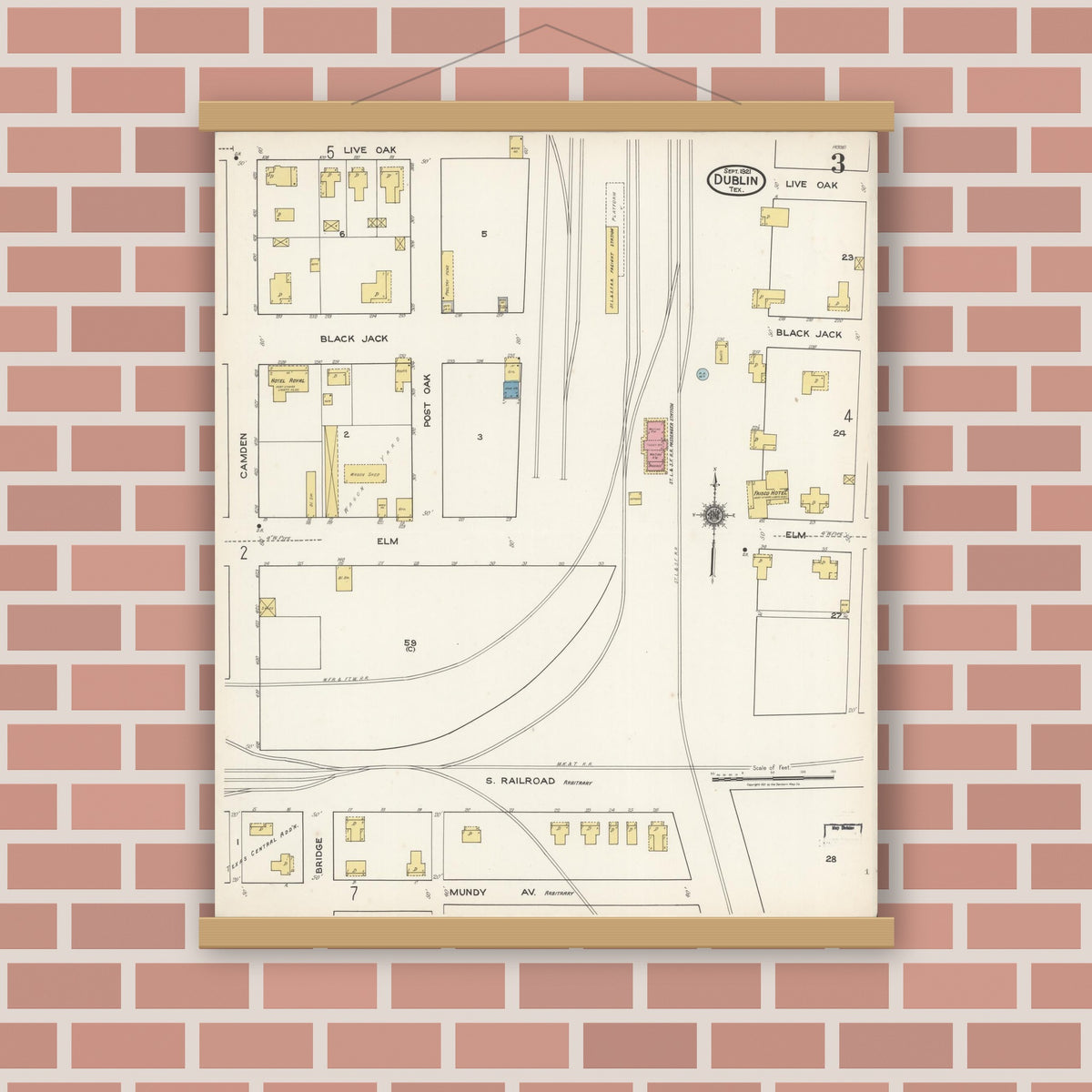 Old map wall art mockup — magnetic wood frame on brick wall — Sanborn Fire Insurance Map from Dublin, Erath County, Texas (1921), Sheet #0003