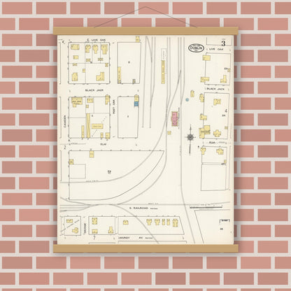 Old map wall art mockup — magnetic wood frame on brick wall — Sanborn Fire Insurance Map from Dublin, Erath County, Texas (1921), Sheet #0003