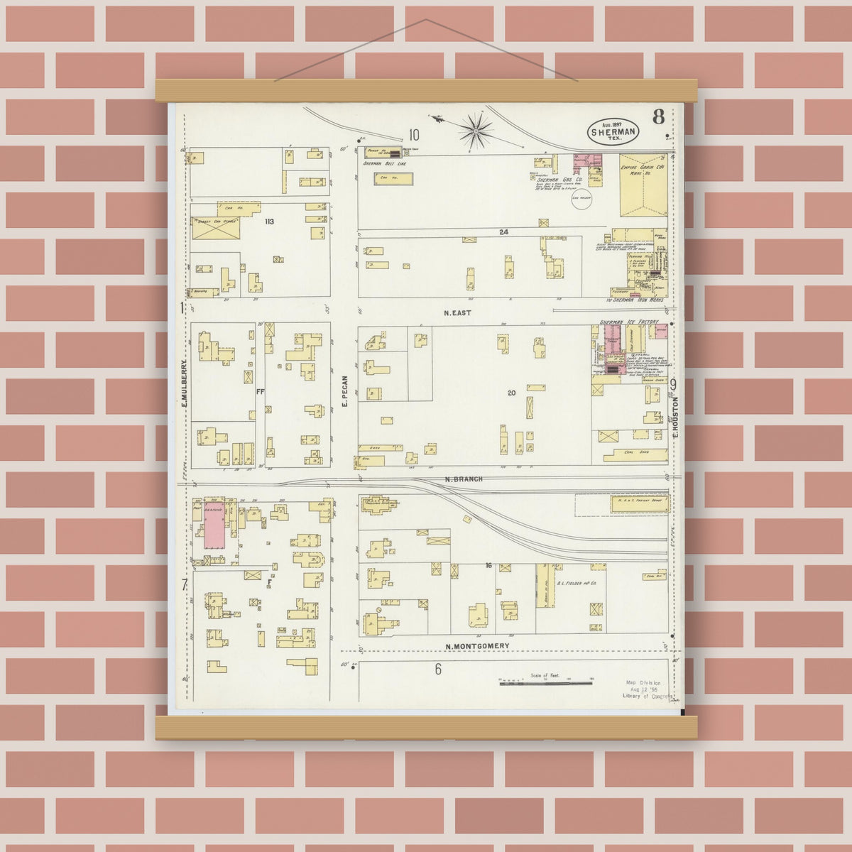 Old map wall art mockup — magnetic wood frame on brick wall — Sanborn Fire Insurance Map from Sherman, Grayson County, Texas (1897), Sheet #0008