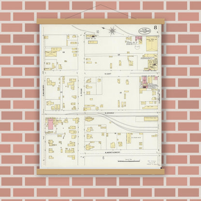 Old map wall art mockup — magnetic wood frame on brick wall — Sanborn Fire Insurance Map from Sherman, Grayson County, Texas (1897), Sheet #0008