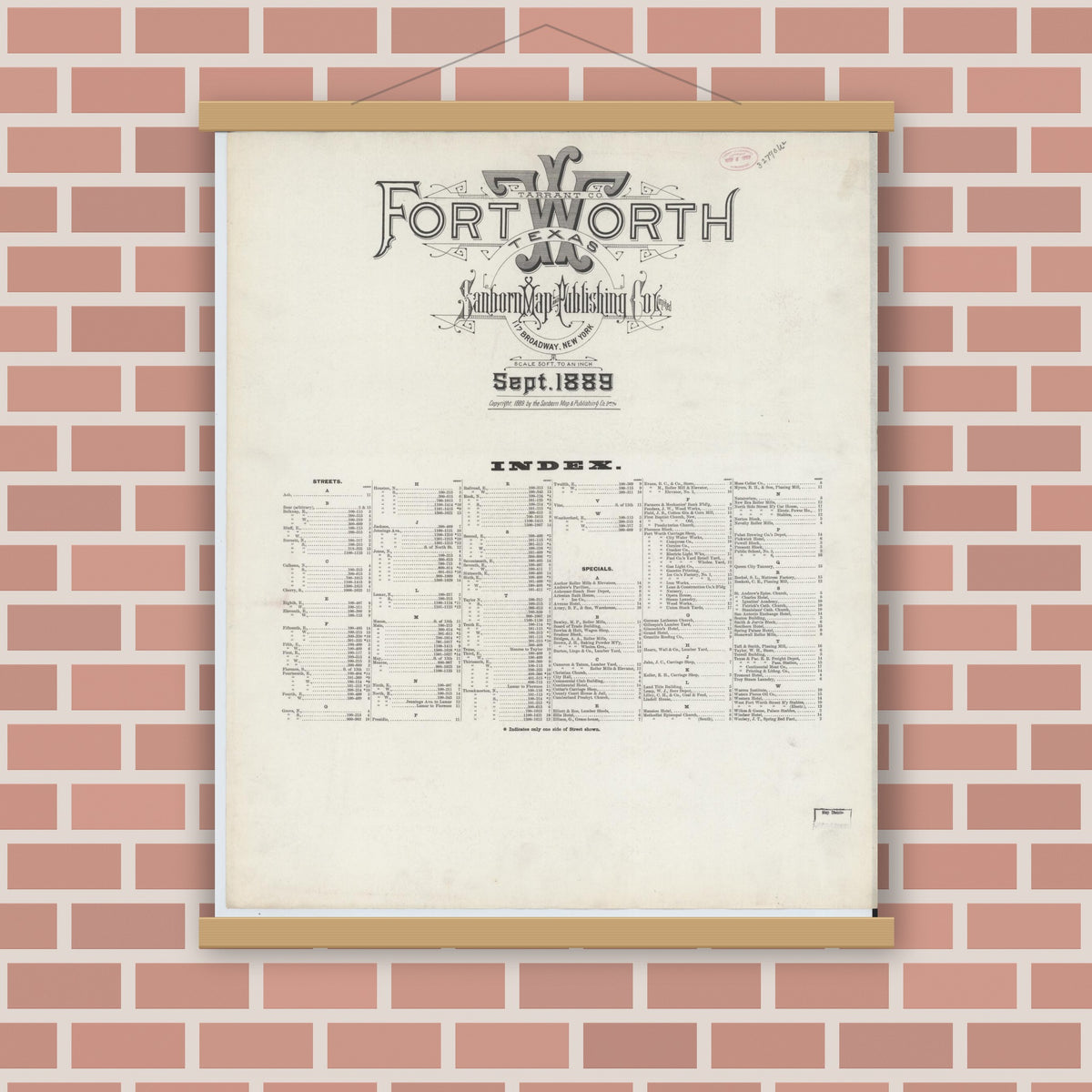 Old map wall art mockup — magnetic wood frame on brick wall — Sanborn Fire Insurance Map from Fort Worth, Tarrant County, Texas (1899), Sheet #0001