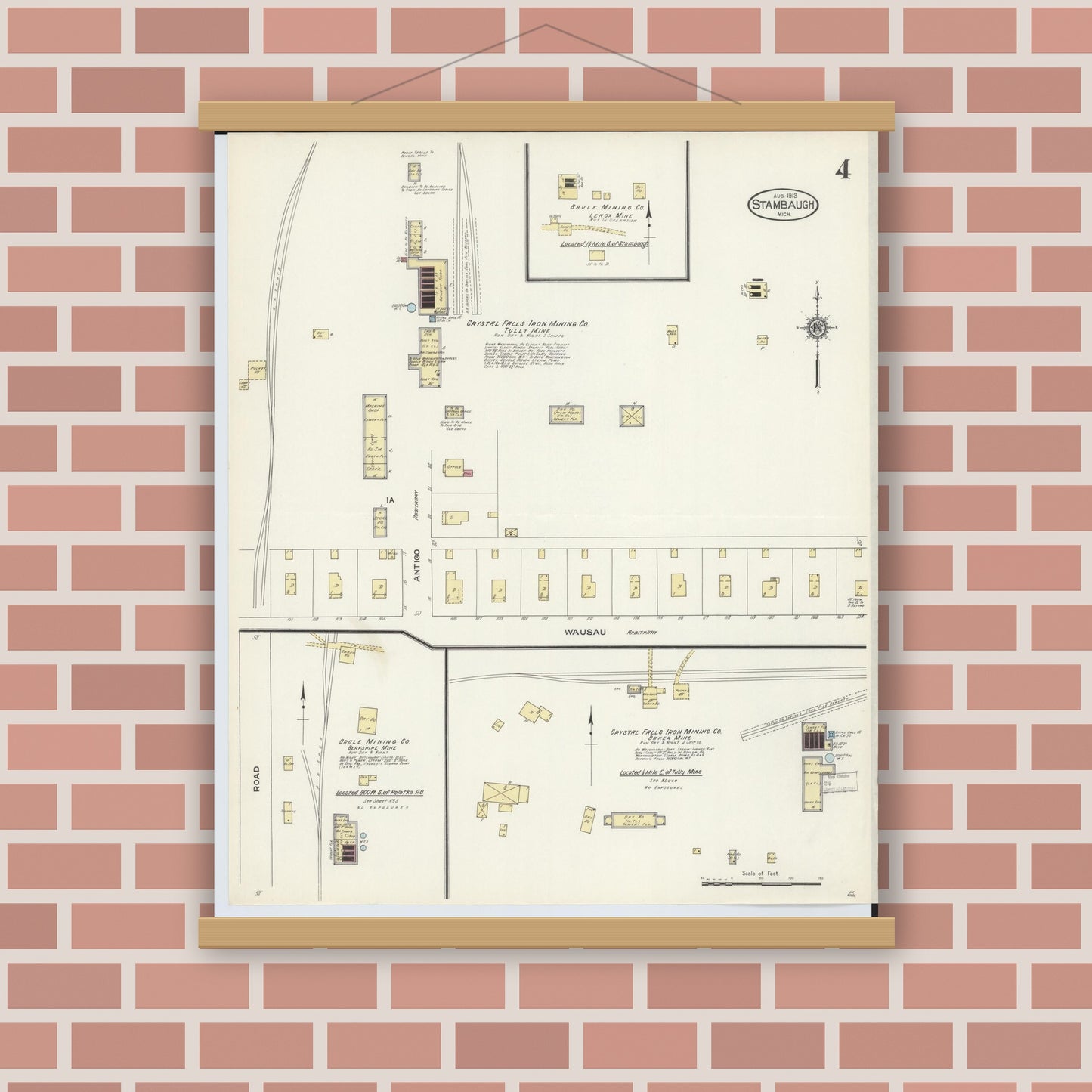Old map wall art mockup — magnetic wood frame on brick wall — Sanborn Fire Insurance Map from Stambaugh, Iron County, Michigan (1913), Sheet #0004