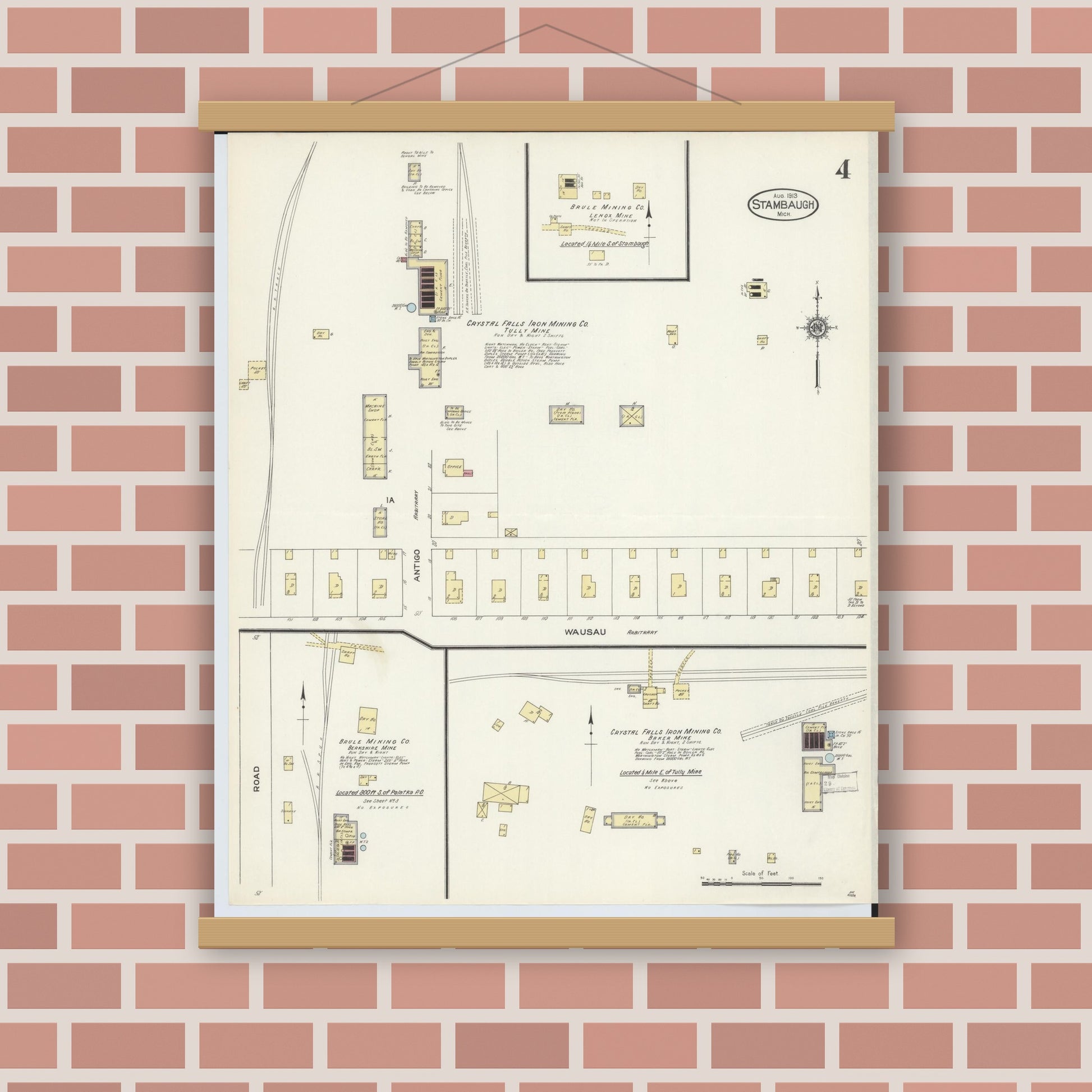 Old map wall art mockup — magnetic wood frame on brick wall — Sanborn Fire Insurance Map from Stambaugh, Iron County, Michigan (1913), Sheet #0004