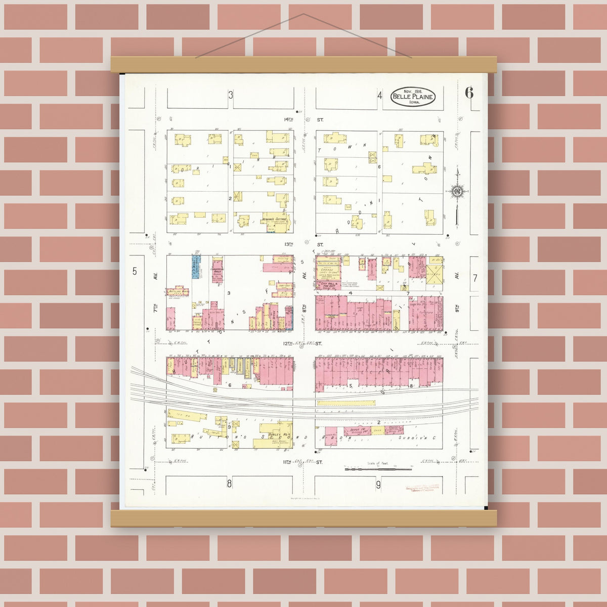 Old map wall art mockup — magnetic wood frame on brick wall — Sanborn Fire Insurance Map from Belle Plaine, Benton County, Iowa (1916), Sheet #0006