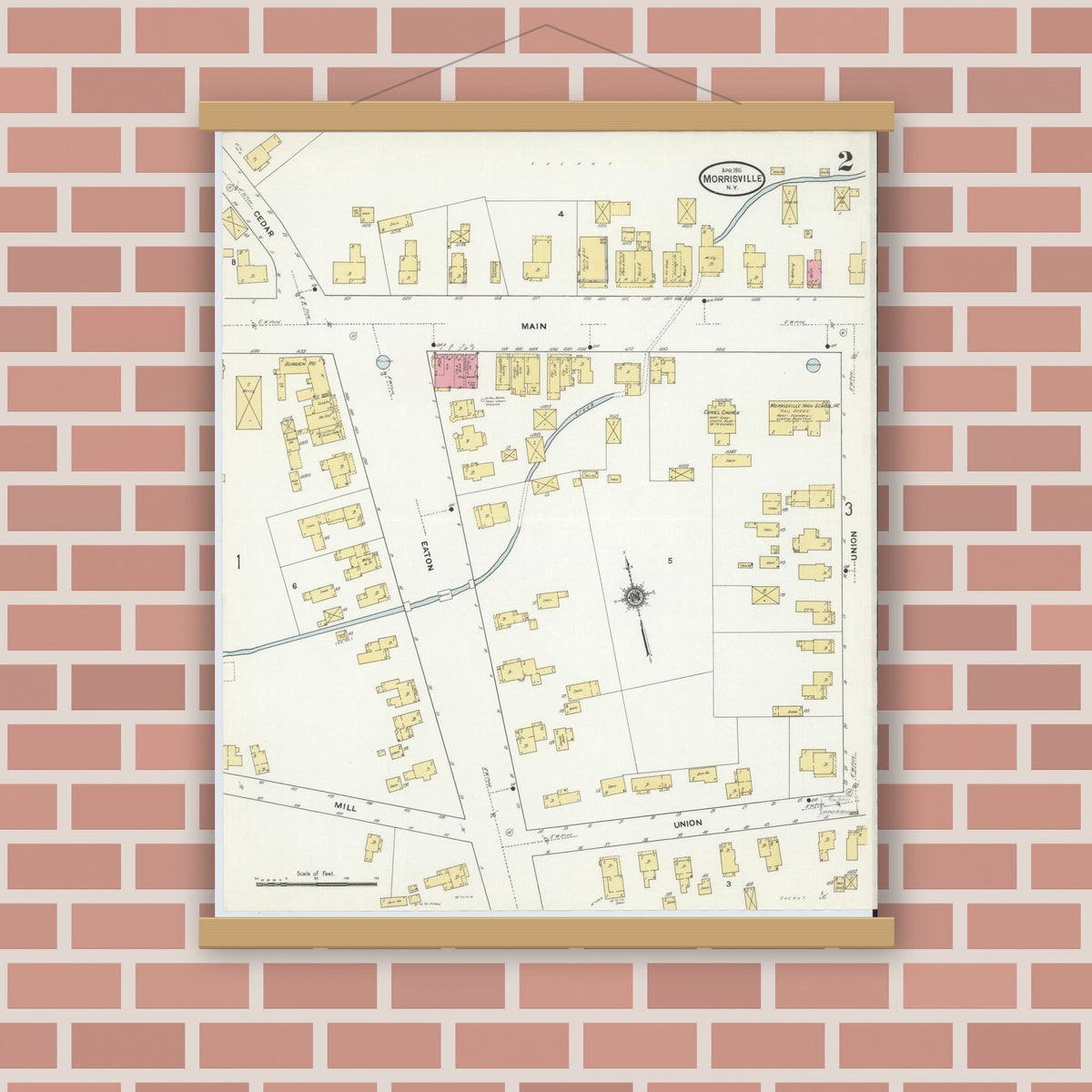 Old map wall art mockup — magnetic wood frame on brick wall — Sanborn Fire Insurance Map from Morrisville, Madison County, New York (1911), Sheet #0002