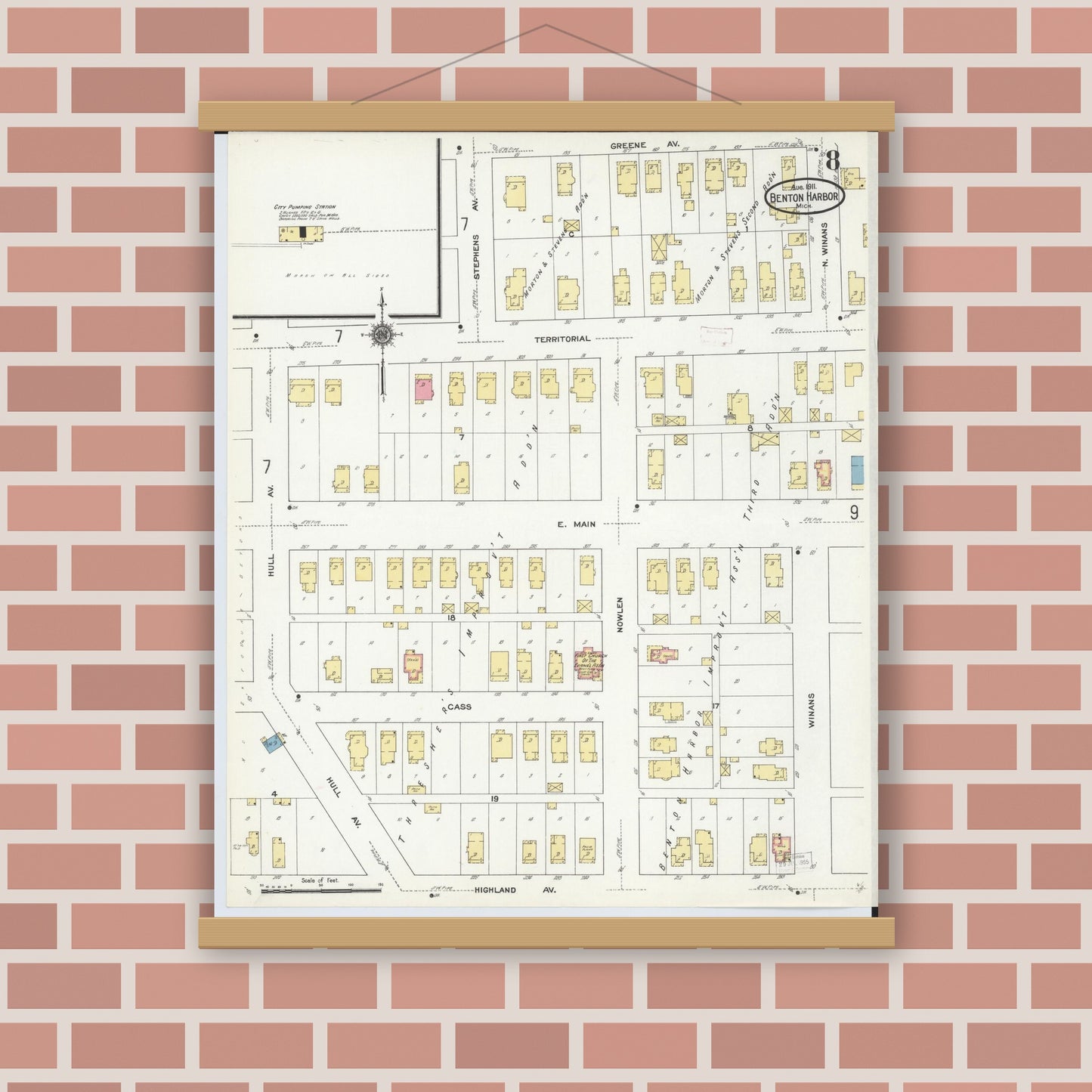 Old map wall art mockup — magnetic wood frame on brick wall — Sanborn Fire Insurance Map from Benton Harbor, Berrien County, Michigan (1911), Sheet #0008