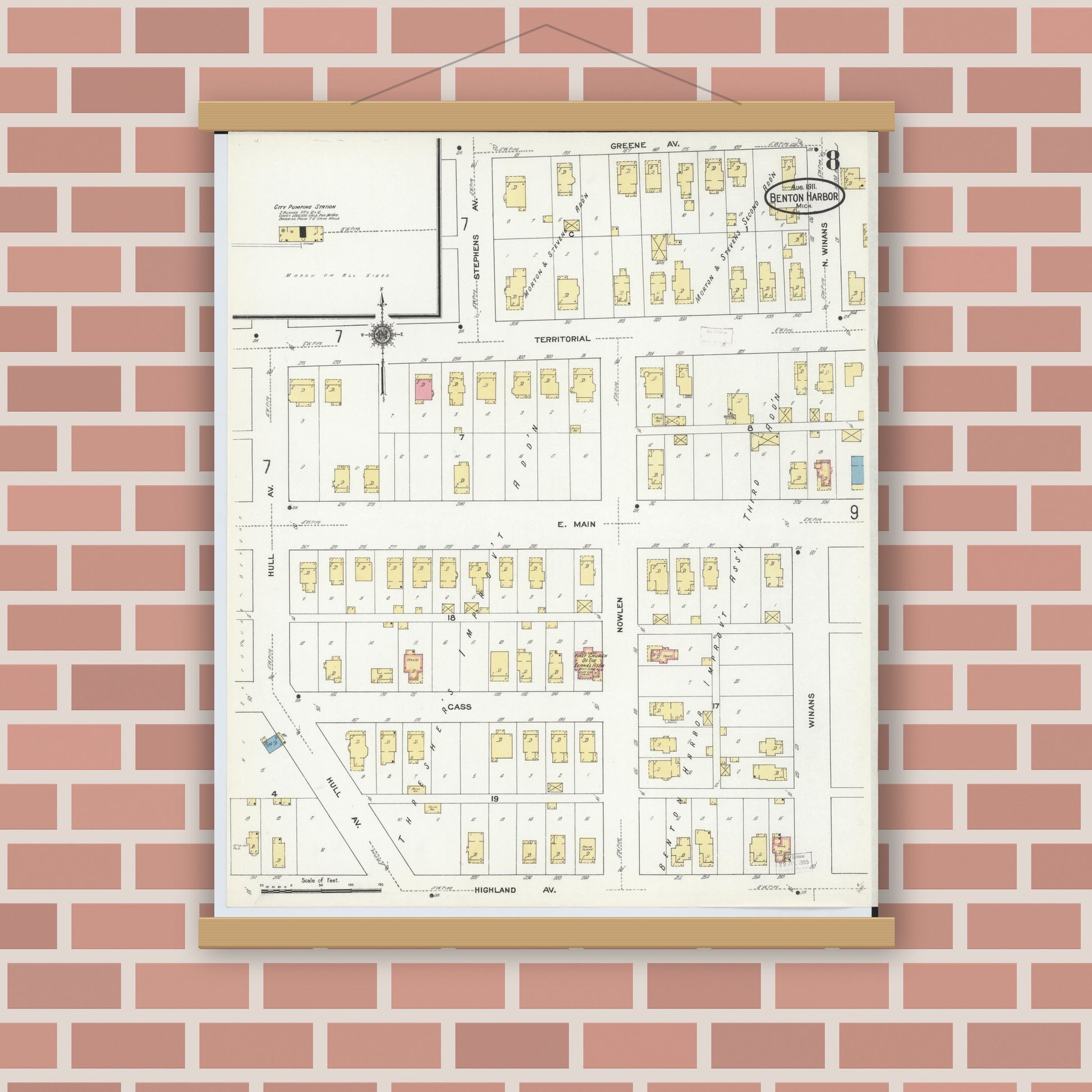 Old map wall art mockup — magnetic wood frame on brick wall — Sanborn Fire Insurance Map from Benton Harbor, Berrien County, Michigan (1911), Sheet #0008