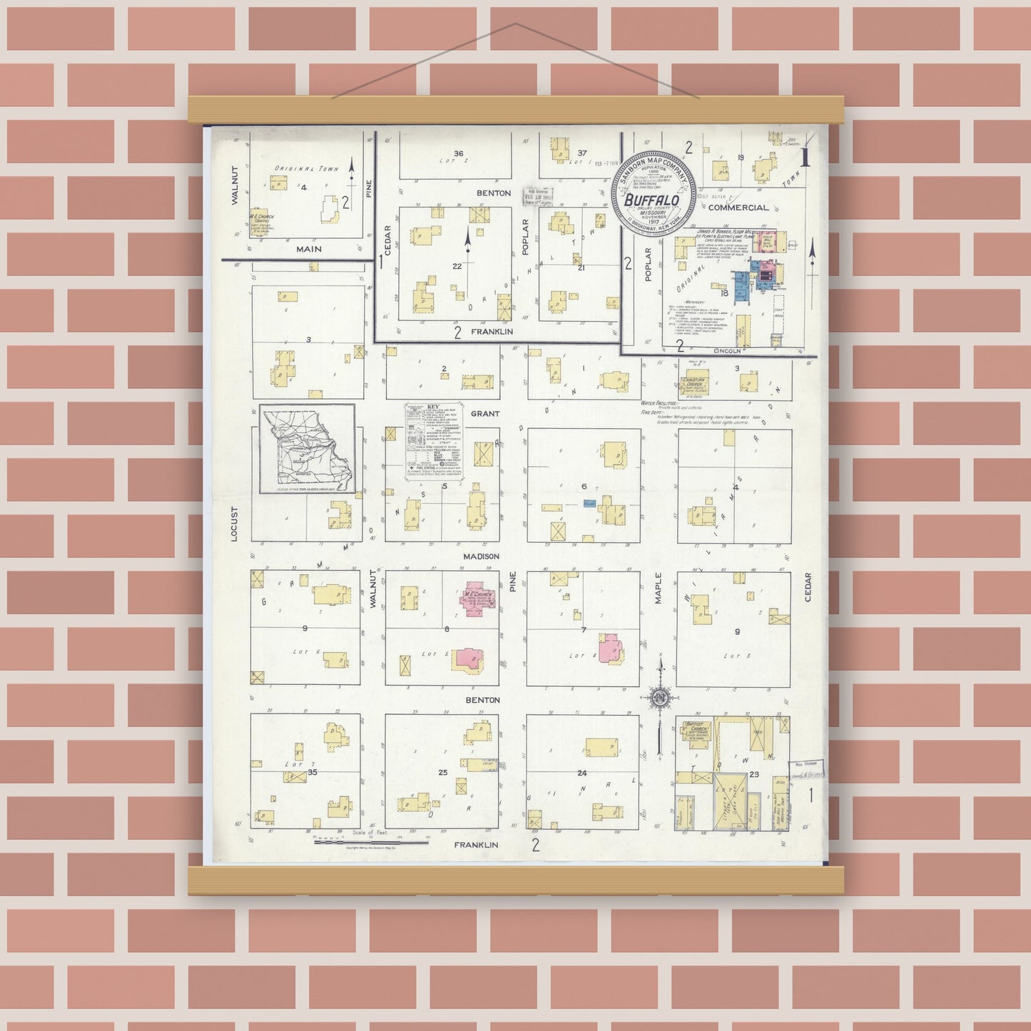 Old map wall art mockup — magnetic wood frame on brick wall — Sanborn Fire Insurance Map from Buffalo, Dallas County, Missouri (1917) - Complete Map Set