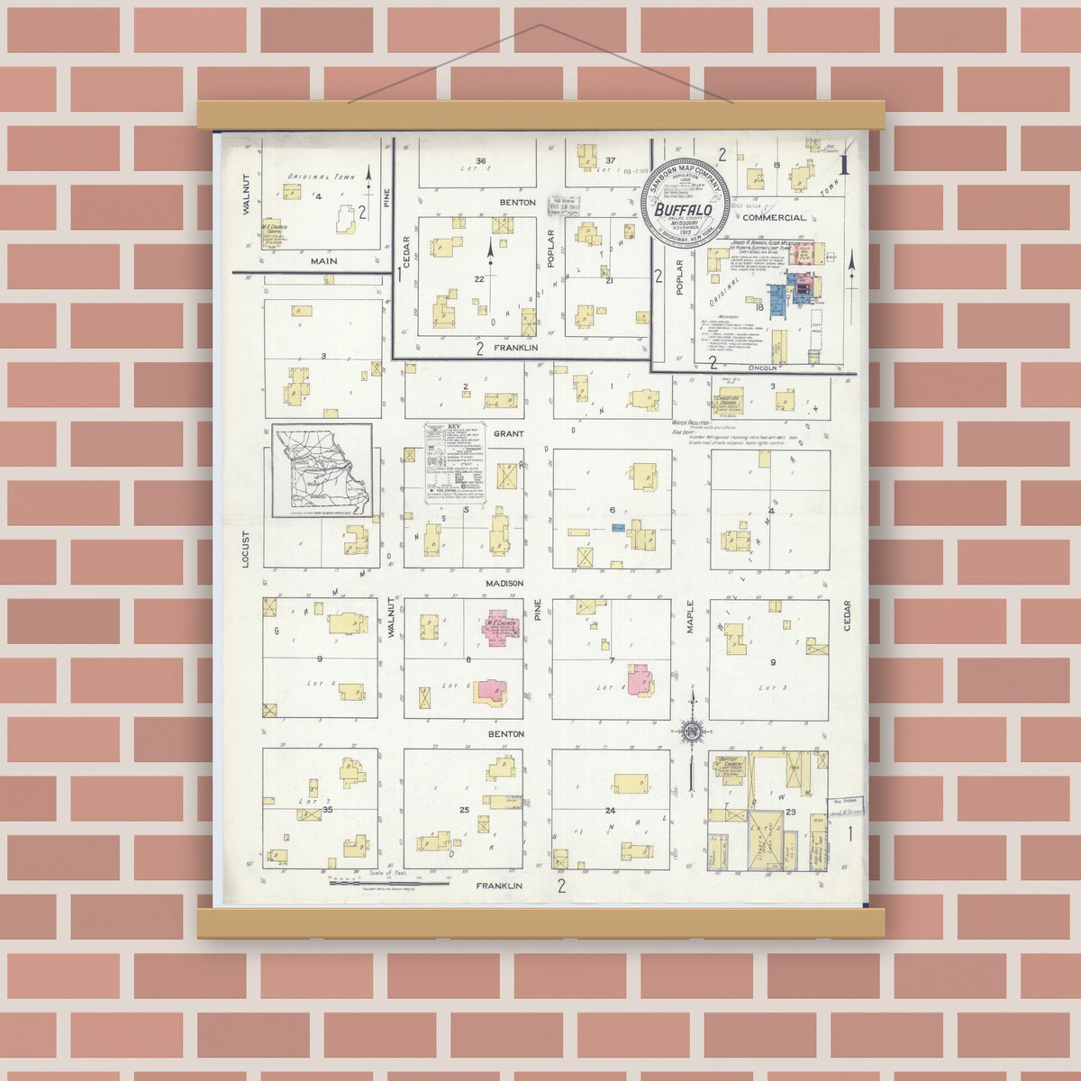 Old map wall art mockup — magnetic wood frame on brick wall — Sanborn Fire Insurance Map from Buffalo, Dallas County, Missouri (1917) - Complete Map Set