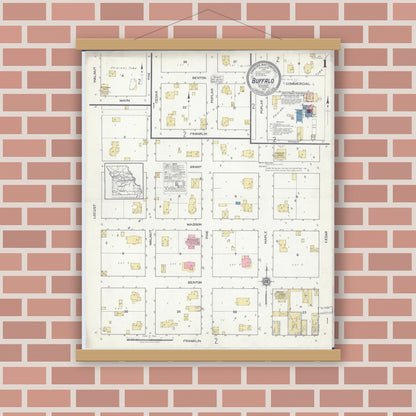 Old map wall art mockup — magnetic wood frame on brick wall — Sanborn Fire Insurance Map from Buffalo, Dallas County, Missouri (1917) - Complete Map Set