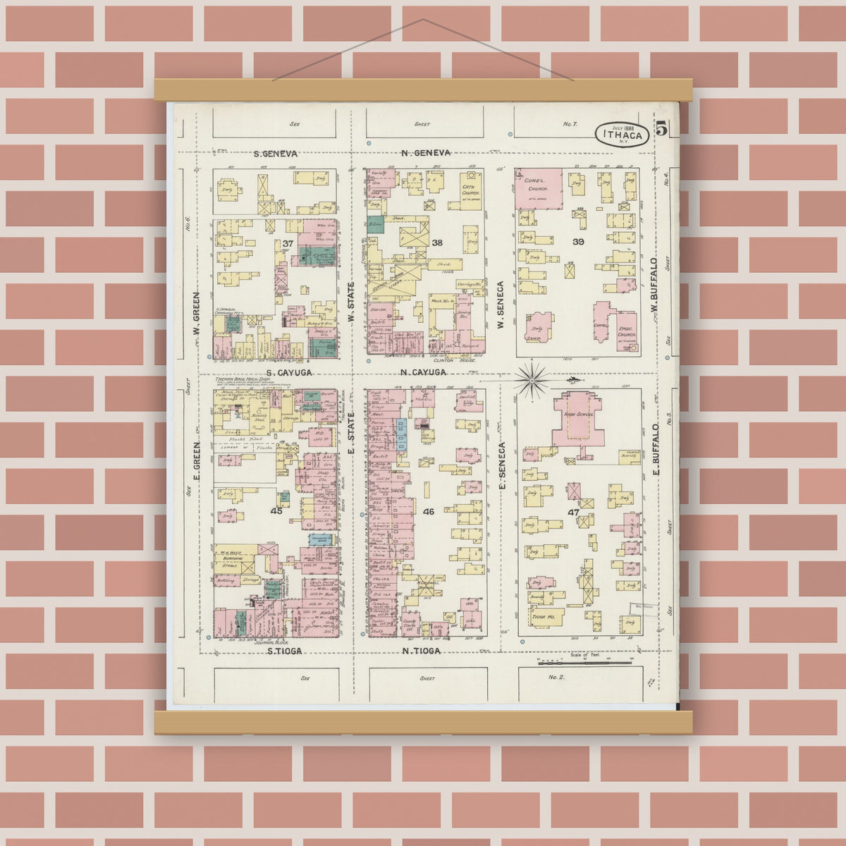 Old map wall art mockup — magnetic wood frame on brick wall — Sanborn Fire Insurance Map from Ithaca, Tompkins County, New York (1888), Sheet #0005