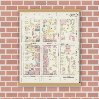 Old map wall art mockup — magnetic wood frame on brick wall — Sanborn Fire Insurance Map from Ithaca, Tompkins County, New York (1888), Sheet #0005