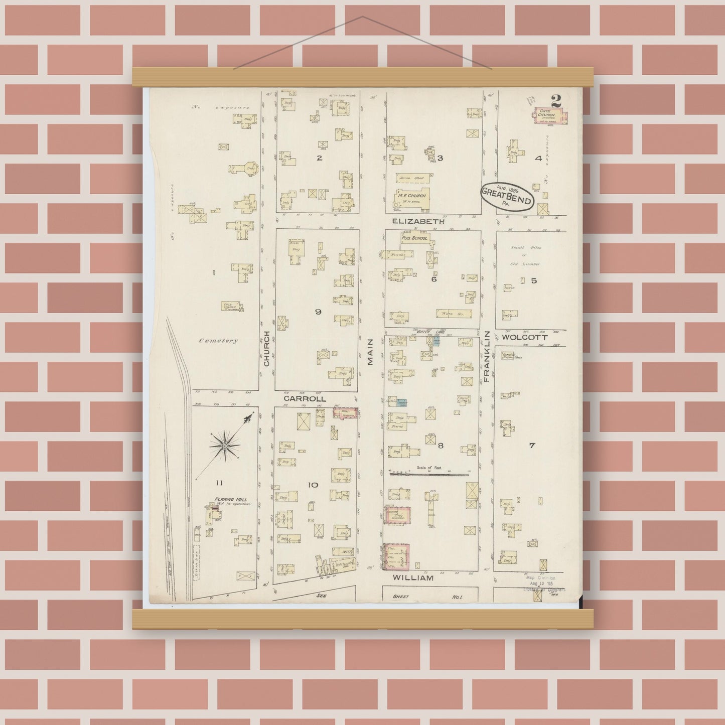 Old map wall art mockup — magnetic wood frame on brick wall — Sanborn Fire Insurance Map from Great Bend, Susquehanna County, Pennsylvania (1885), Sheet #0002