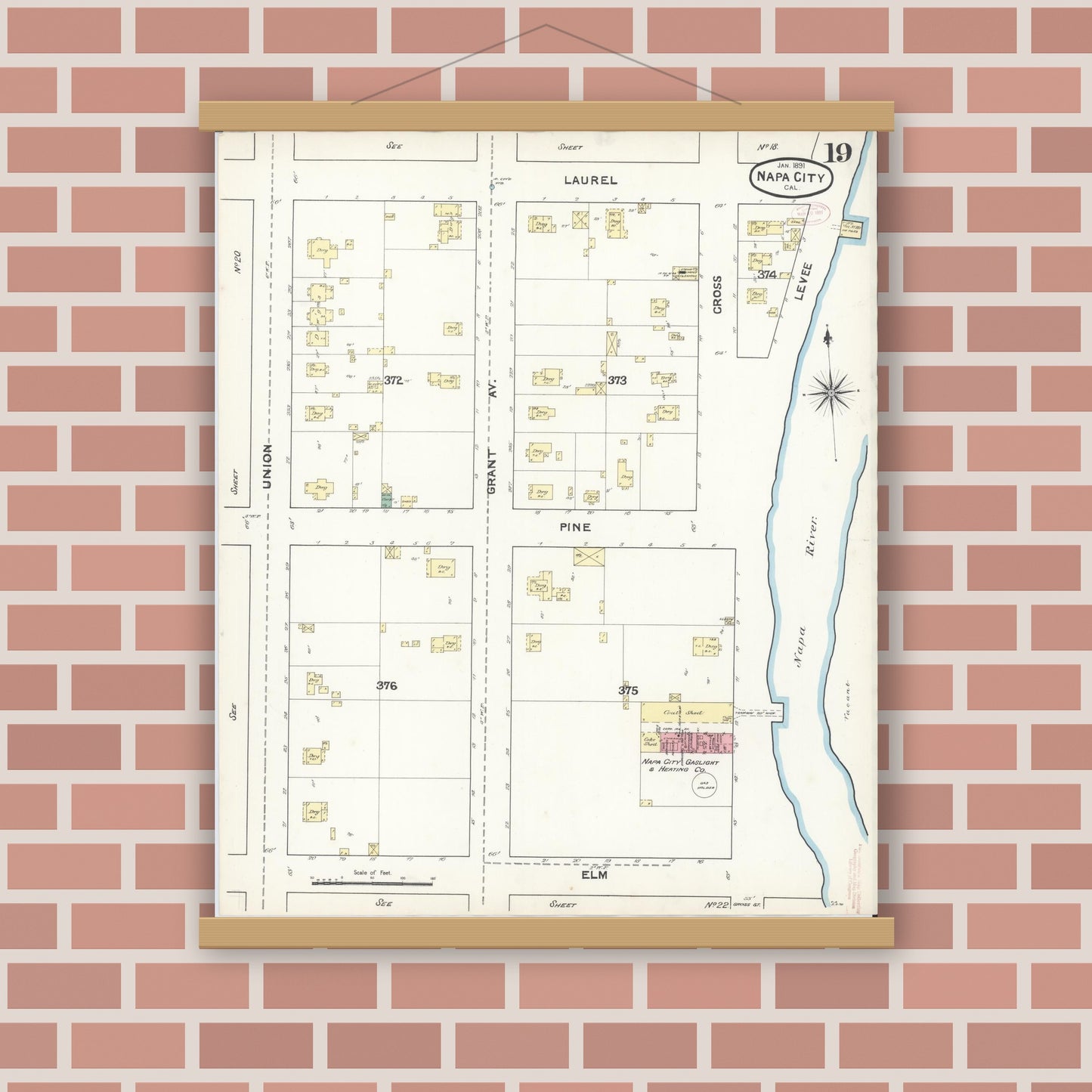 Old map wall art mockup — magnetic wood frame on brick wall — Sanborn Fire Insurance Map from Napa, Napa County, California (1891), Sheet #0019