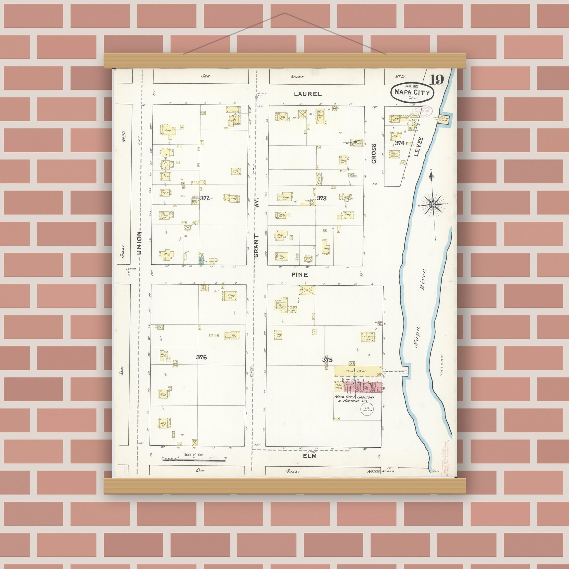 Old map wall art mockup — magnetic wood frame on brick wall — Sanborn Fire Insurance Map from Napa, Napa County, California (1891), Sheet #0019
