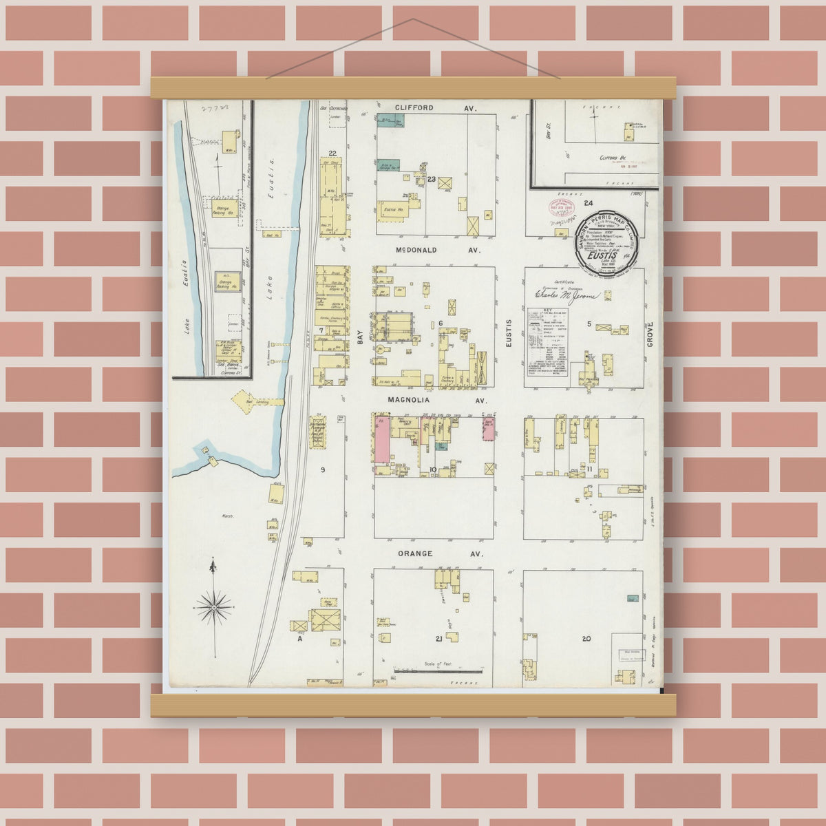 Old map wall art mockup — magnetic wood frame on brick wall — Sanborn Fire Insurance Map from Eustis, Lake County, Florida (1895), Sheet #0001