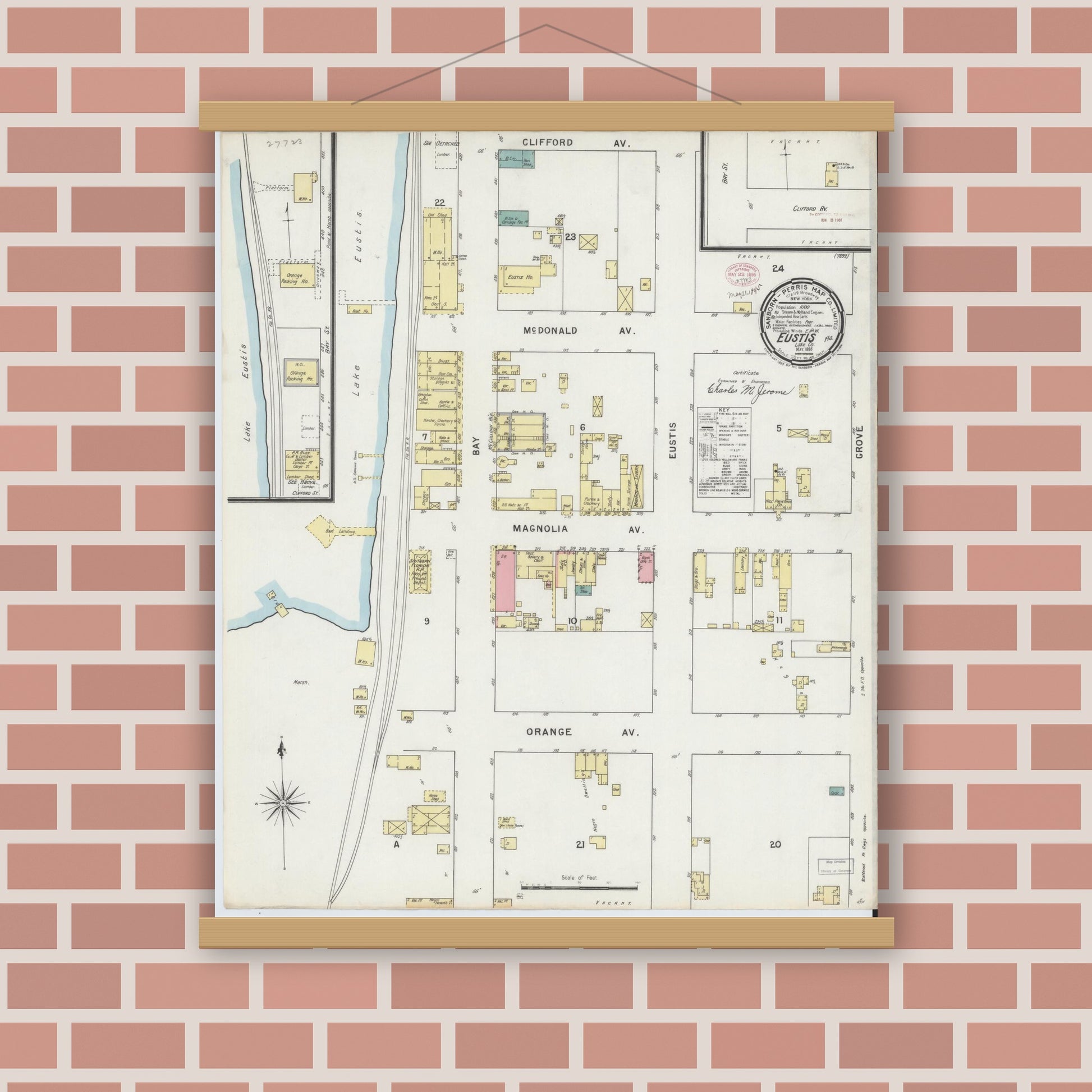 Old map wall art mockup — magnetic wood frame on brick wall — Sanborn Fire Insurance Map from Eustis, Lake County, Florida (1895), Sheet #0001