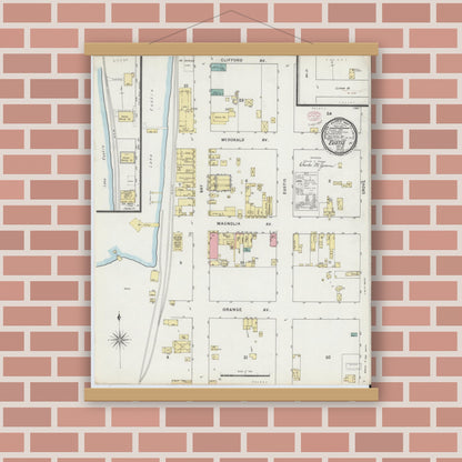 Old map wall art mockup — magnetic wood frame on brick wall — Sanborn Fire Insurance Map from Eustis, Lake County, Florida (1895), Sheet #0001