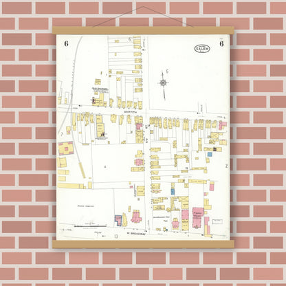 Old map wall art mockup — magnetic wood frame on brick wall — Sanborn Fire Insurance Map from Salem, Salem County, New Jersey (1923), Sheet #0006