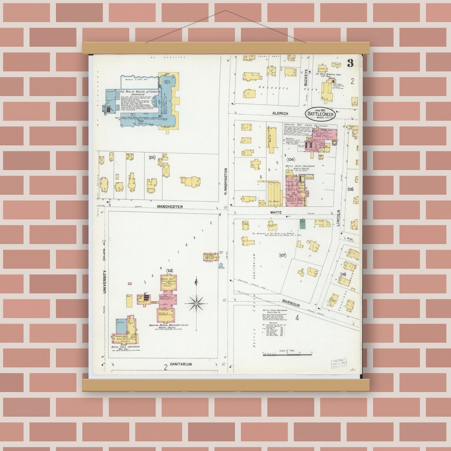Old map wall art mockup — magnetic wood frame on brick wall — Sanborn Fire Insurance Map from Battle Creek, Calhoun County, Michigan (1902), Sheet #0003