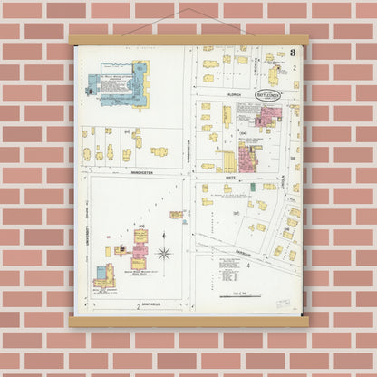Old map wall art mockup — magnetic wood frame on brick wall — Sanborn Fire Insurance Map from Battle Creek, Calhoun County, Michigan (1902), Sheet #0003