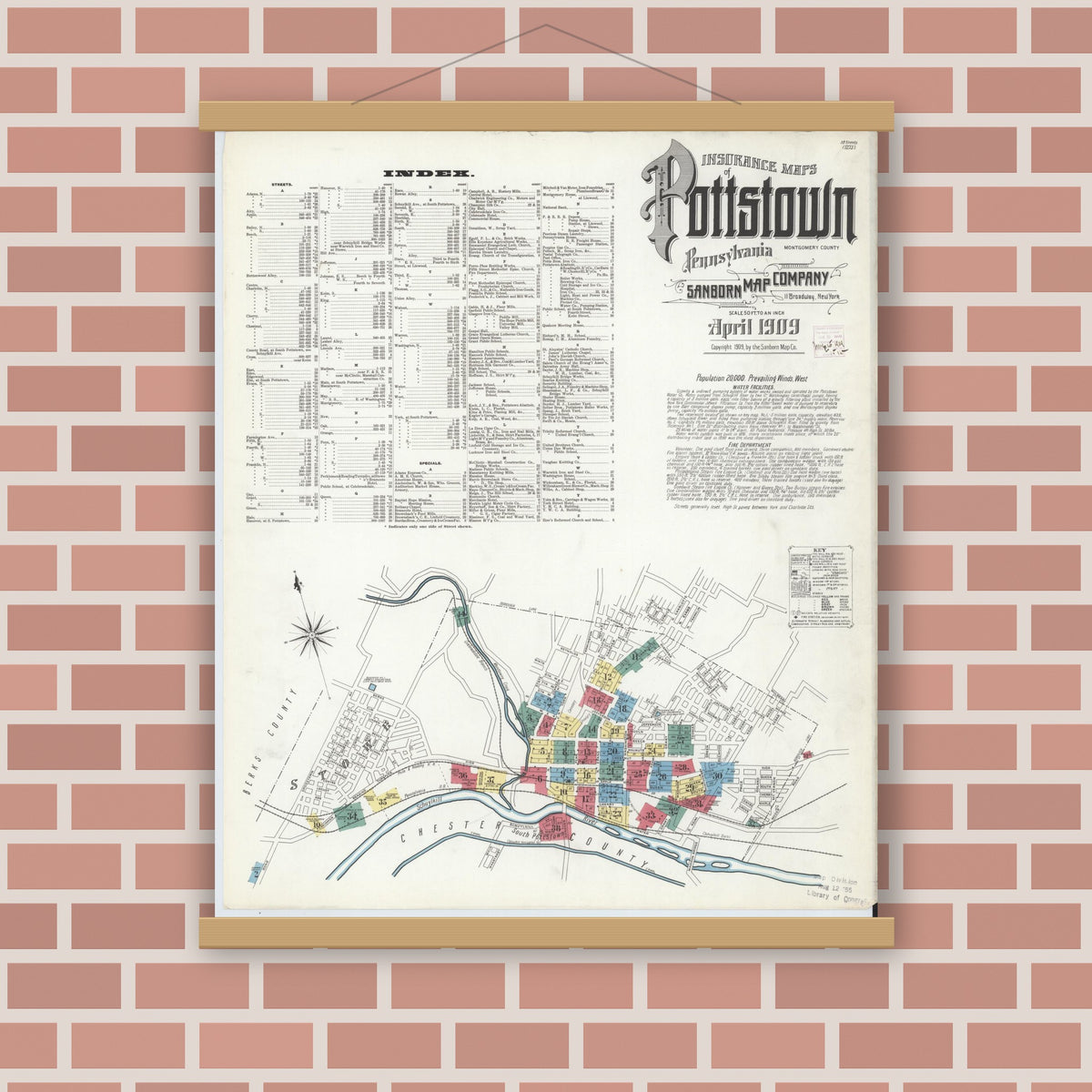Old map wall art mockup — magnetic wood frame on brick wall — Sanborn Fire Insurance Map from Pottstown, Montgomery County, Pennsylvania (1909) - Complete Map Set
