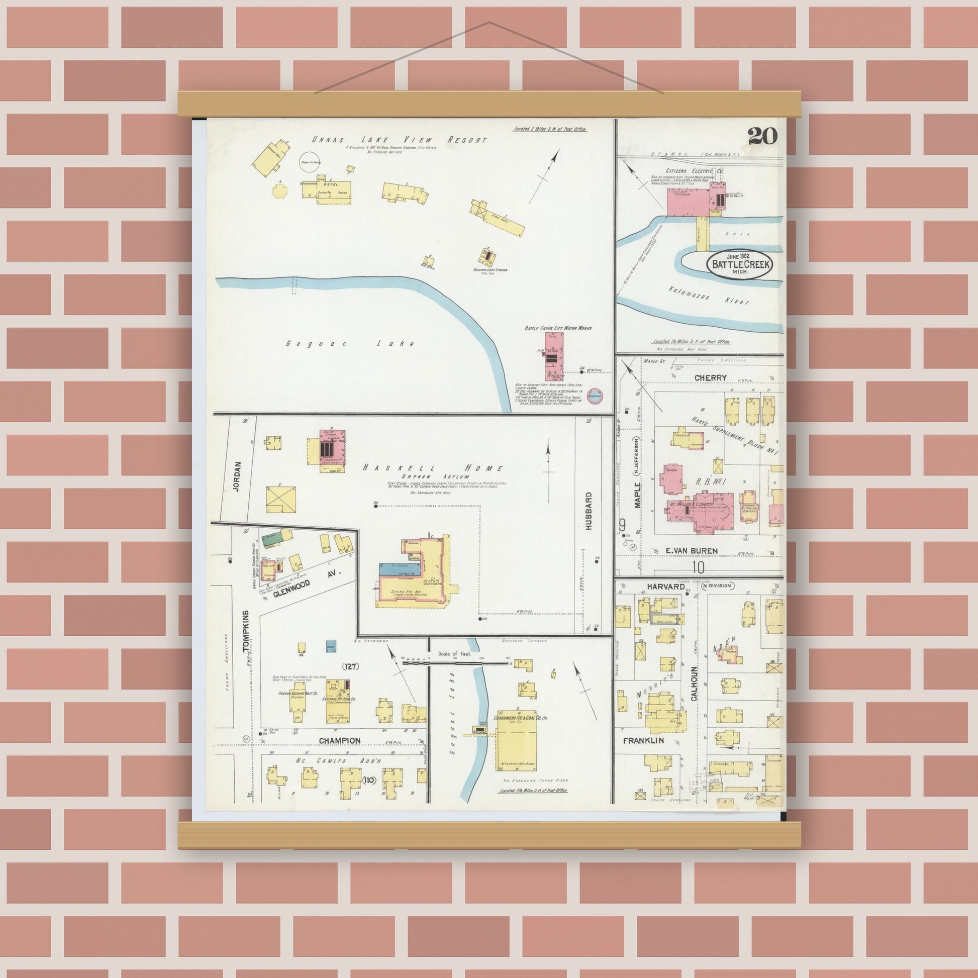 Old map wall art mockup — magnetic wood frame on brick wall — Sanborn Fire Insurance Map from Battle Creek, Calhoun County, Michigan (1902), Sheet #0020