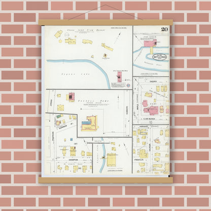 Old map wall art mockup — magnetic wood frame on brick wall — Sanborn Fire Insurance Map from Battle Creek, Calhoun County, Michigan (1902), Sheet #0020