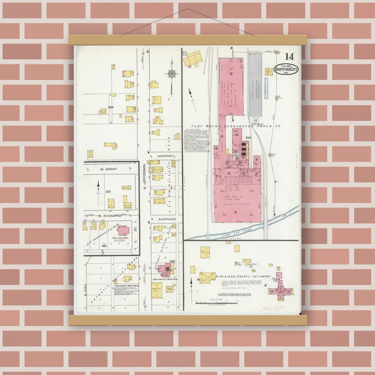 Old map wall art mockup — magnetic wood frame on brick wall — Sanborn Fire Insurance Map from Hartford City, Blackford County, Indiana (1920), Sheet #0014
